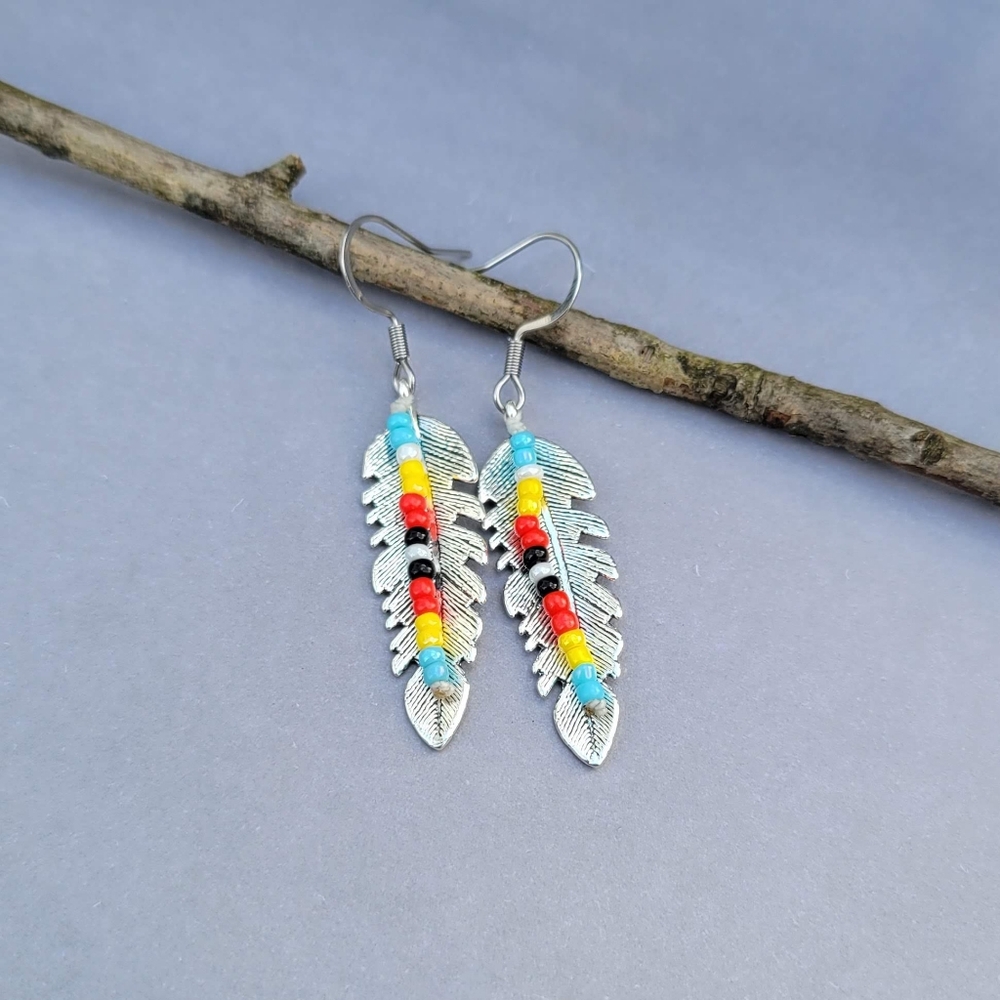 Handmade Tribal Boho Feather Earrings - Picture 2 of 3